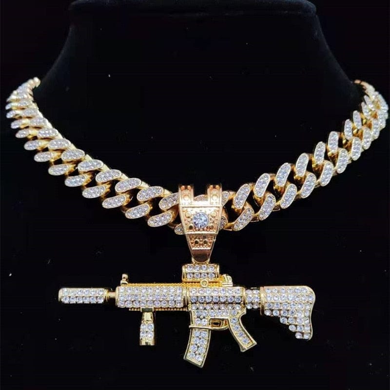 VVS Jewelry hip hop jewelry Gold / 16inch Fully Iced Submachine Gun Pendant Rapper Necklace