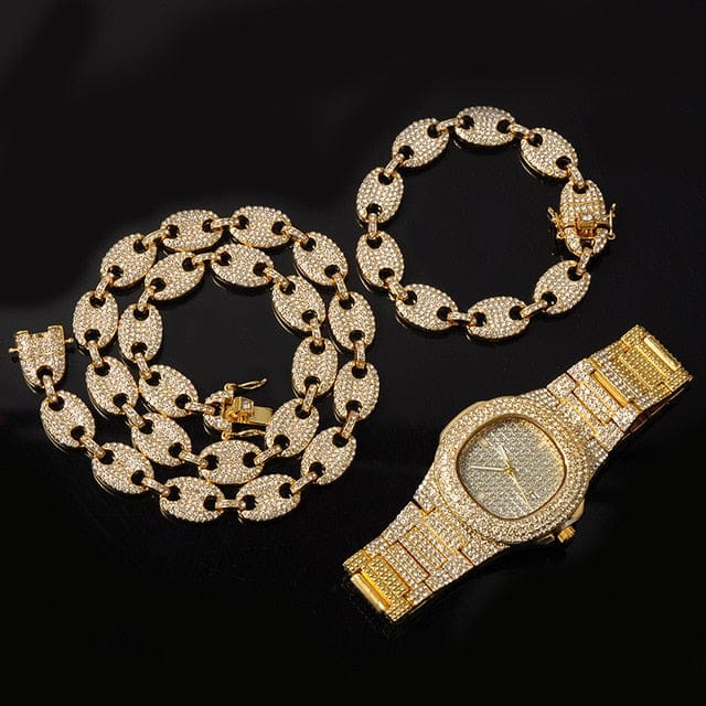 VVS Jewelry hip hop jewelry Gold 3pcs kit Gold/Silver Pig nose chain + Bracelet + FREE watch Set