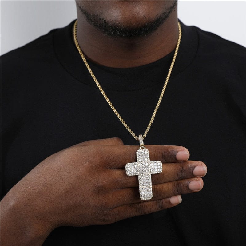 VVS Jewelry hip hop jewelry Gold / 4mm Rope Chain / 24 Inch VVS Jewelry Fully Iced Ascher Cut Cross Pendant
