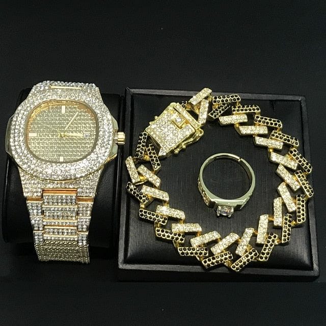 VVS Jewelry hip hop jewelry Gold/Black Set Hype Series Set (Watch, Bracelet & Ring)