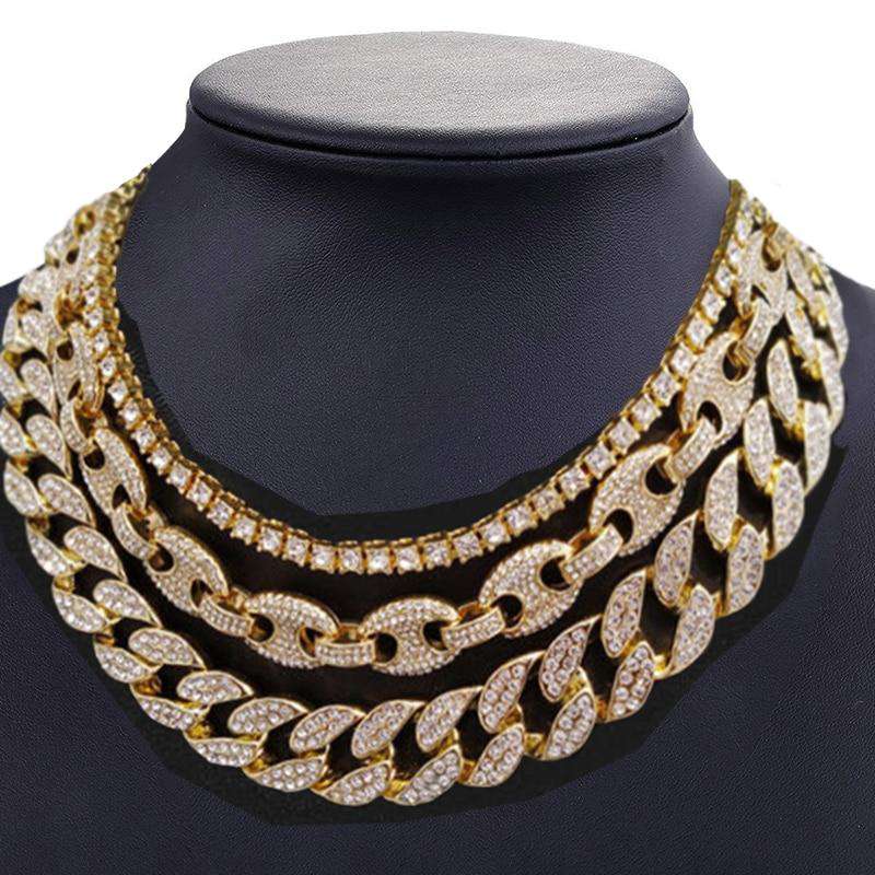 VVS Jewelry hip hop jewelry Gold Bling Cuban Chain + Coffee Bean Chain + Row Tennis Choker Chain Set