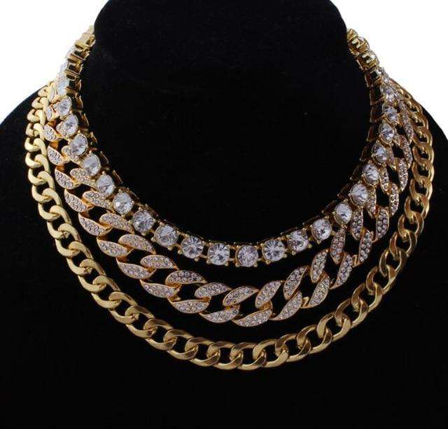VVS Jewelry hip hop jewelry Gold Cuban + Tennis + Cuban Link Choker Set