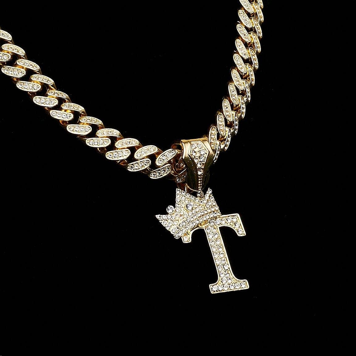 VVS Jewelry hip hop jewelry Gold / I VVS Jewelry Crowned Initial Cuban Pendant Chain