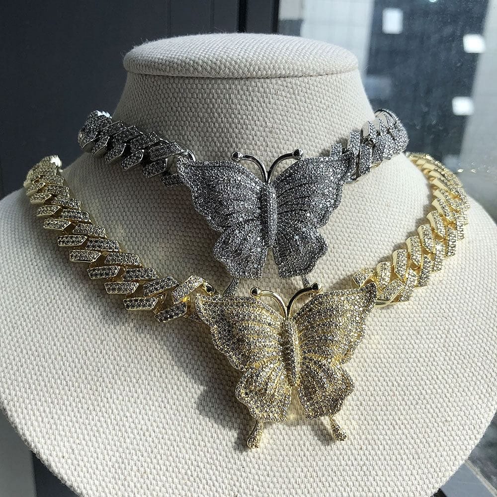 VVS Jewelry hip hop jewelry Gold Icy Cuban Butterfly Choker Necklace + FREE butterfly bracelet