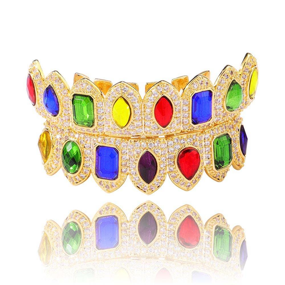 VVS Jewelry hip hop jewelry Gold Multi Colored Stone Paved Iced Out Fangs Grillz