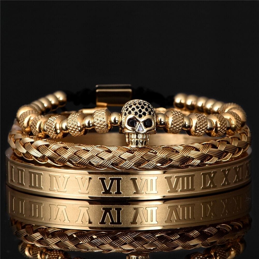 VVS Jewelry hip hop jewelry Gold set Roman Skull 3pc Bracelet Set
