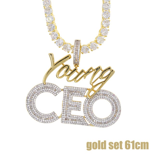 VVS Jewelry hip hop jewelry Gold Tennis Chain 24 Inches Young CEO Two Tone Iced Pendant Necklace