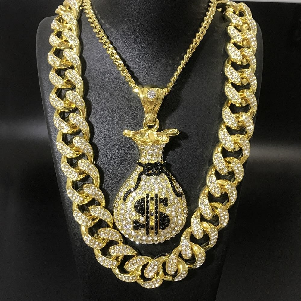 VVS Jewelry hip hop jewelry Handbag Dollar Chain and Cuban Choker Bundle
