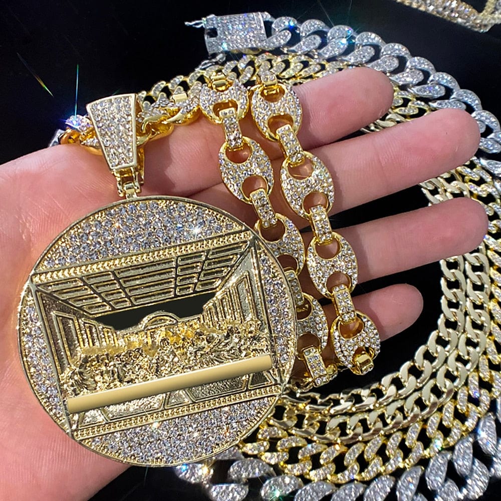 VVS Jewelry hip hop jewelry necklaces Gold 13mm ChainB / 16inch Iced Out Last Supper Pendant Cuban Necklace