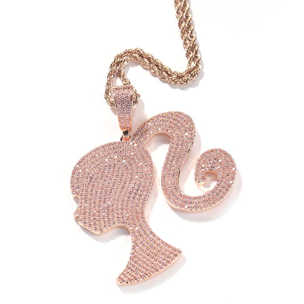 VVS Jewelry hip hop jewelry Pink / 16inch / 3mm Rope chain Fully Iced Barbie Pendant Necklace