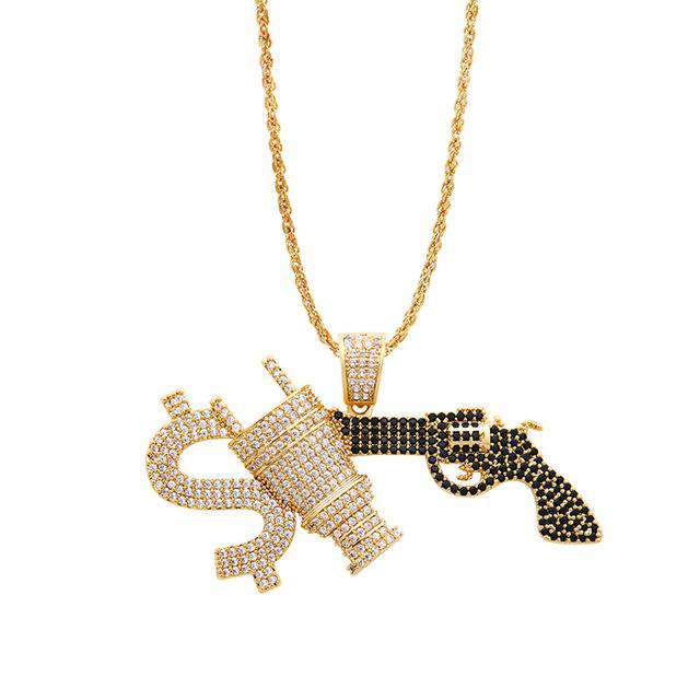 VVS Jewelry hip hop jewelry set Gold Grillz + Bling Gun Pendant + Bling Gold Watch Set