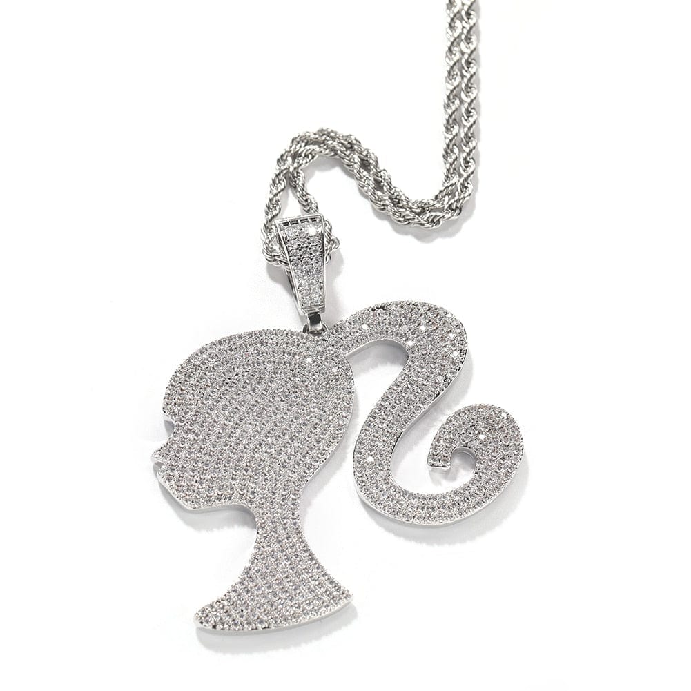 VVS Jewelry hip hop jewelry Silver / 16inch / 3mm Rope chain Fully Iced Barbie Pendant Necklace