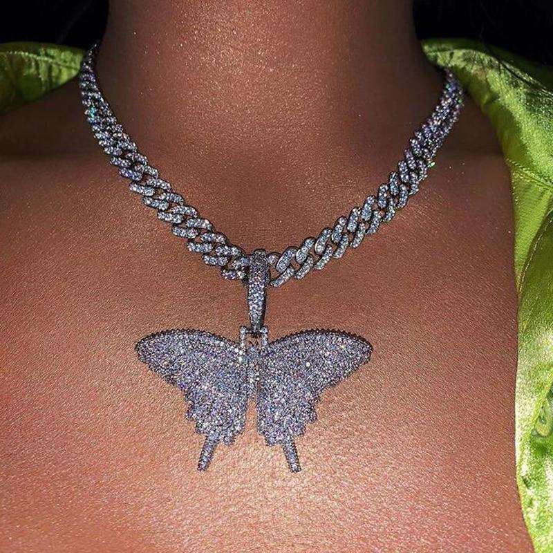 VVS Jewelry hip hop jewelry Silver / 16inch / 9mm VVS Jewelry Cuban Link Butterfly Choker + FREE Tennis Choker
