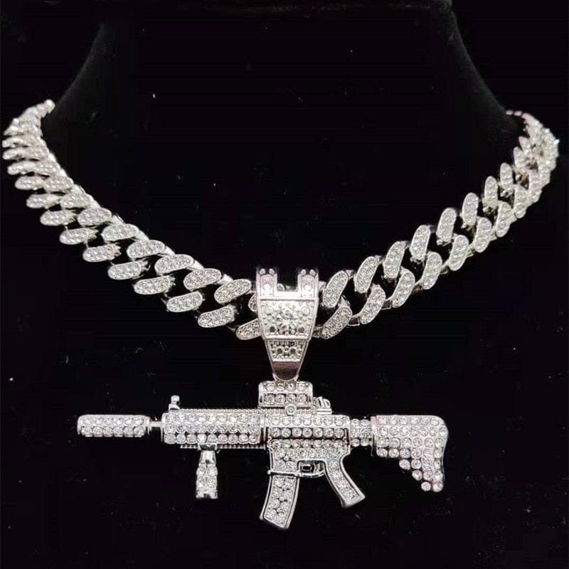 VVS Jewelry hip hop jewelry Silver / 16inch Fully Iced Submachine Gun Pendant Rapper Necklace