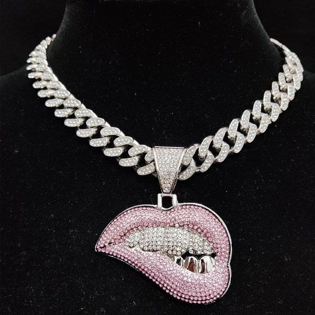 VVS Jewelry hip hop jewelry Silver / 28inch Fully Iced Out Pink Biting Lip Cuban Pendant Chain