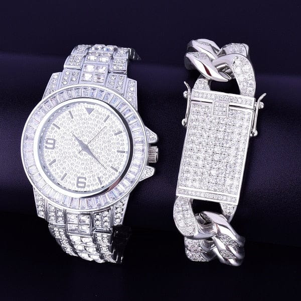 VVS Jewelry hip hop jewelry Silver 40mm Dial Iced Baguette Military Watch with Cuban Bracelet Bundle
