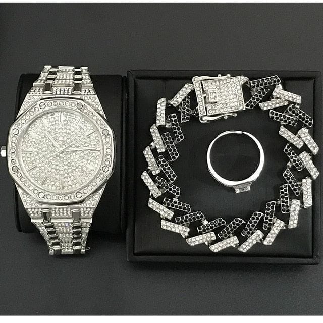 VVS Jewelry hip hop jewelry Silver/Black Set Hype Series Set (Watch, Bracelet & Ring)