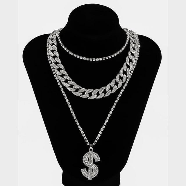 VVS Jewelry hip hop jewelry Silver Gold/Silver Cuban Tennis Dollar Sign Choker Bundle