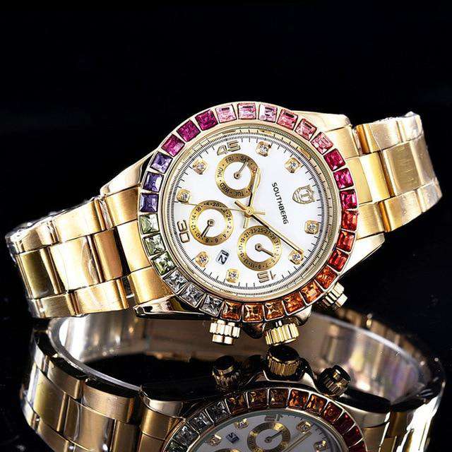 VVS Jewelry hip hop jewelry Silver Luxury Quartz Rollie Style Watch with Color Rhinestone