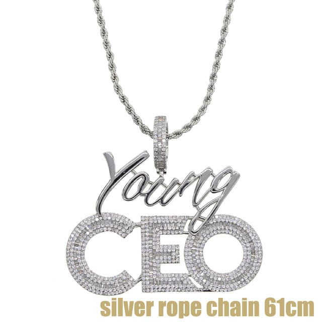 VVS Jewelry hip hop jewelry Silver rope chain 24 Inches Young CEO Two Tone Iced Pendant Necklace