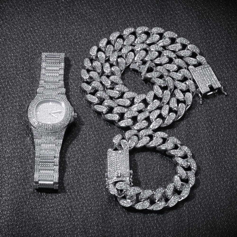 VVS Jewelry hip hop jewelry silver set / 18" VVS Jewelry Cuban Chain & Cuban Bracelet Bundle + Free OG Bust Down Watch