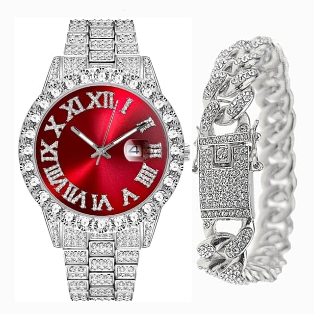 VVS Jewelry hip hop jewelry sliver red Fully Iced Bling Watch + Cuban Bracelet Bundle