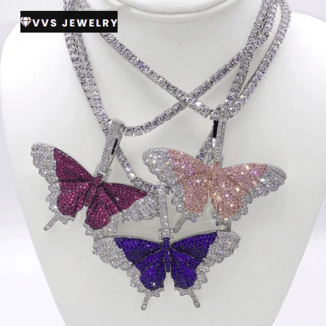 VVS Jewelry hip hop jewelry Tennis Chain 16 Inches / Silver White Fully Iced Butterfly Pendant Tennis Chain