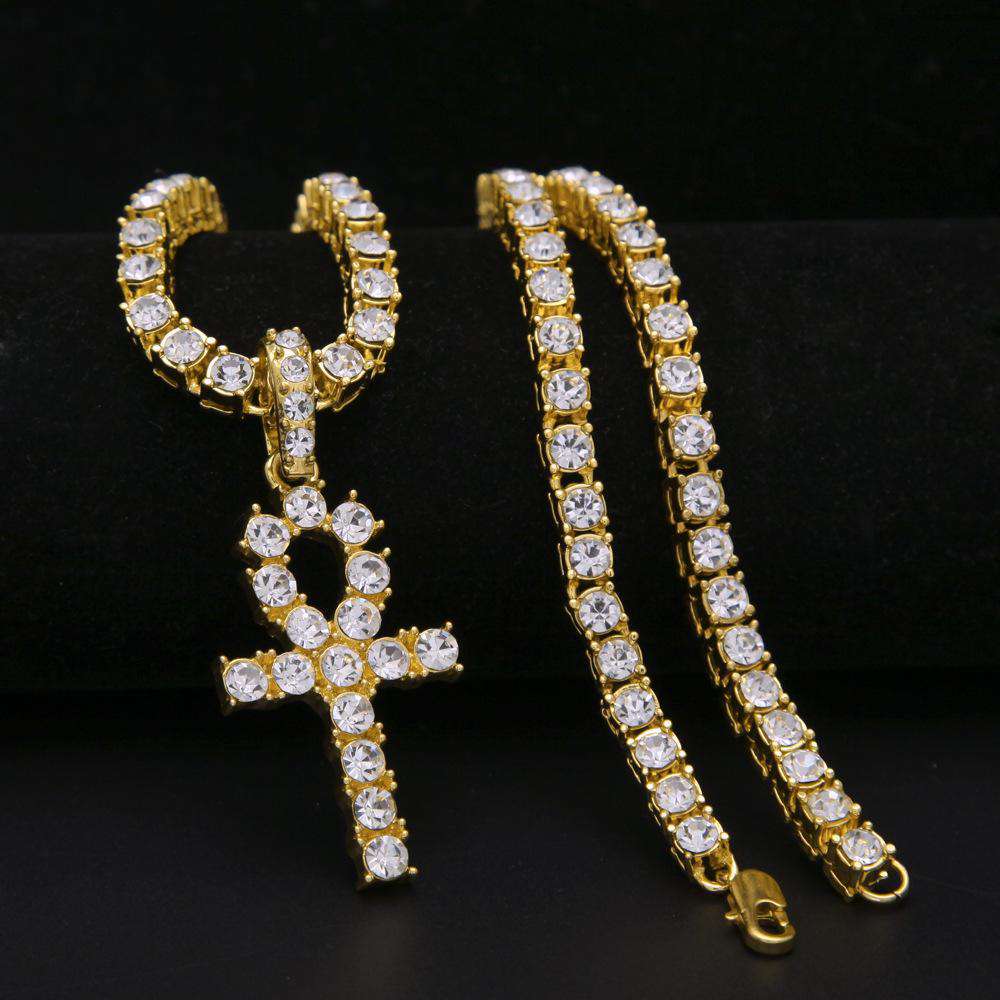 VVS Jewelry hip hop jewelry Tennis Chain + Ankh Pendant Set