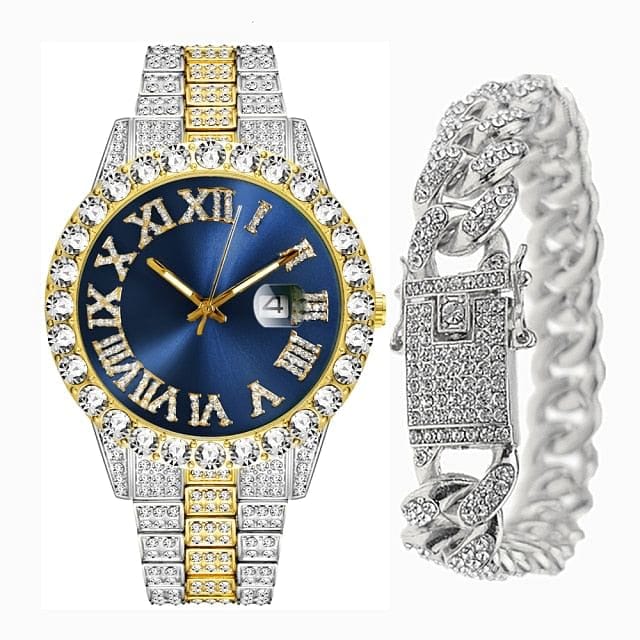 VVS Jewelry hip hop jewelry two-tone blue Fully Iced Bling Watch + Cuban Bracelet Bundle