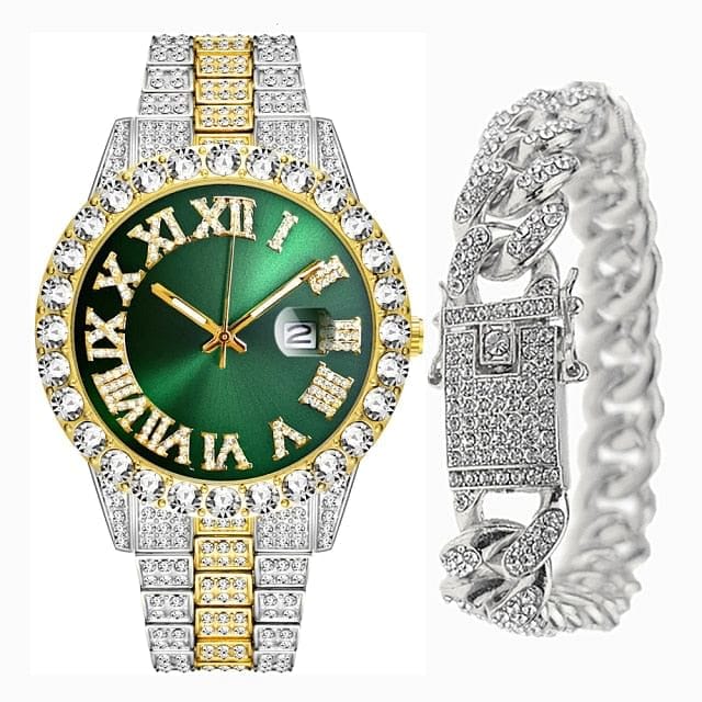 VVS Jewelry hip hop jewelry two-tone green Fully Iced Bling Watch + Cuban Bracelet Bundle