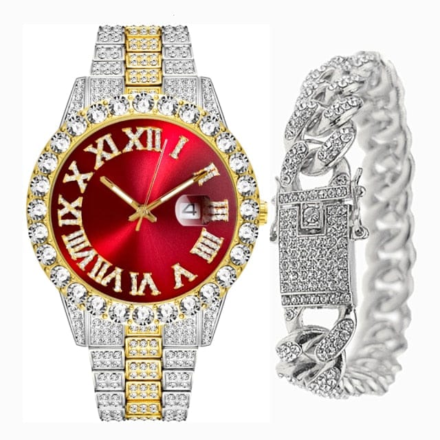 VVS Jewelry hip hop jewelry two-tone red Fully Iced Bling Watch + Cuban Bracelet Bundle