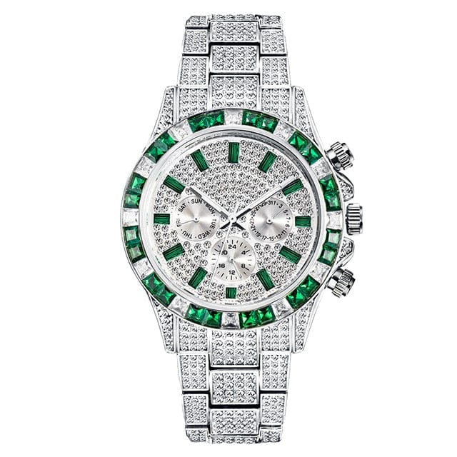 VVS Jewelry hip hop jewelry Watch Silver Green VVS Jewelry Two-Tone Green Iced Out Watch